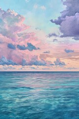 Serene pastel drawing or illustration of a dusk landscape with calm turquoise ocean and textured pink sky