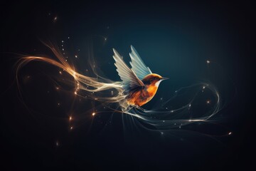  a bird is flying in the air with its wings spread out and lights shining on it's back side.