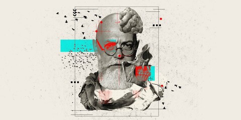 Cover design for a journal on cognitive psychology and brain health in seniors. Portrait of serious elderly man and brain elements. Scientist. Psychology, surrealism art concept