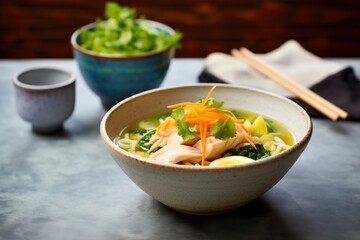 bowl of chicken noodle soup with a miso twist on slate