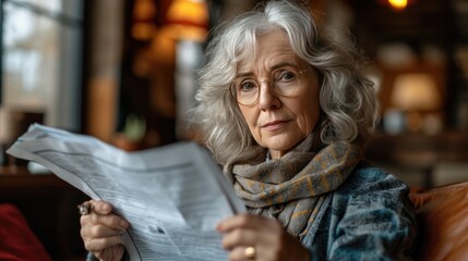 An old woman sits and reads newspapers, articles, magazines at home in retirement.
