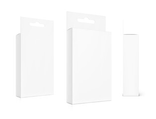 White package box with hang slot mockup for electronic and mobile accessories. Three side views. Vector illustration isolated on white background. Ready and simple to use for your design. EPS10.