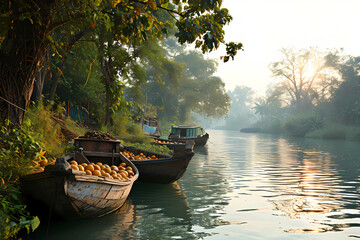 Boats Fan Out From A Stretch Of River Bank, Boats In A River With Boats Filled With Fruit