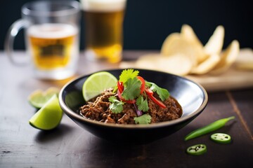 chili con carne with dark beer and lime wedge - obrazy, fototapety, plakaty