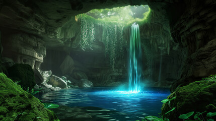 Beautiful cave with waterfall and pond