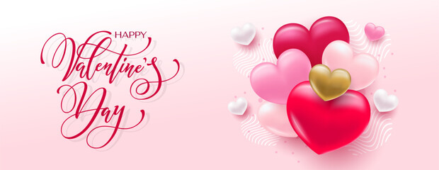 Happy Valentine's Day hand lettering vector. With a beautiful background of 3D hearts. Vector illustration. Text for a card or invitation.