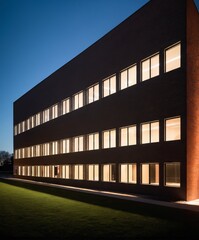 minimalistic medium scale office building, curved brick, geometric shaped outline