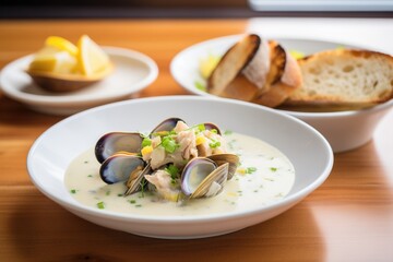 clam chowder with a side of sourdough bread slices - obrazy, fototapety, plakaty