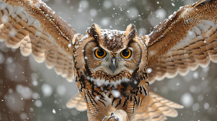 Obraz premium great horned owl on a branch, snow