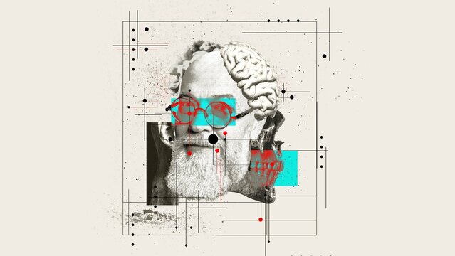 Cover design for a journal on cognitive psychology and brain health in seniors. Podcast discussing philosophy and life experiences. Elderly man with brain illustration and abstract elements.