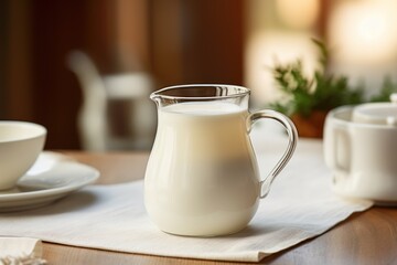  a pitcher of milk sitting on top of a table next to a bowl of fruit and a cup of coffee.