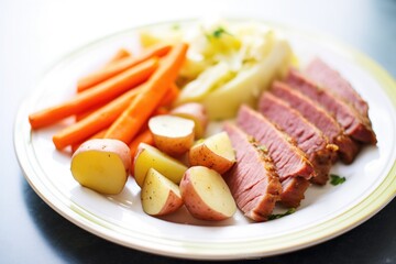 corned beef and cabbage with carrots and potatoes - obrazy, fototapety, plakaty