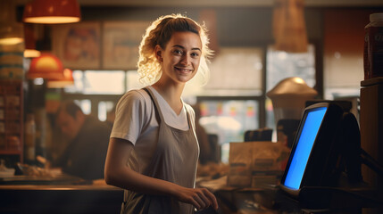Portrait of cheerful smiling female cashier in grocery store symbolizes friendly customer service and welcoming atmosphere of store, joyful female store clerk happy to help customer