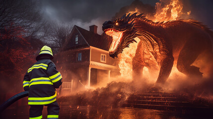 Firefighter bravely confronts sinister fire dragon amidst house fire symbolizing heroic struggle against destructive forces of calamitous blaze, powerful dramatic scene of raging flames - obrazy, fototapety, plakaty