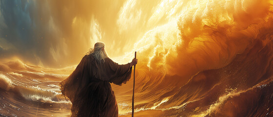 Crossing of the Red Sea during exodus, Moses splitting the red sea - obrazy, fototapety, plakaty