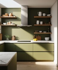 Fototapeta na wymiar kitchen shelves with olive green color, minimalistic