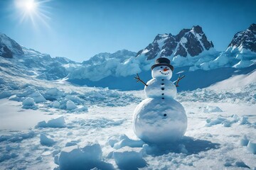 snowman on the mountain - obrazy, fototapety, plakaty