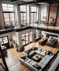 A modern industrial loft, high ceilings with exposed ductwork, viewed from an elevated angle to capture the open-plan layout
