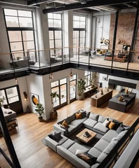 Foto op Canvas A modern industrial loft, high ceilings with exposed ductwork, viewed from an elevated angle to capture the open-plan layout © Arhitercture