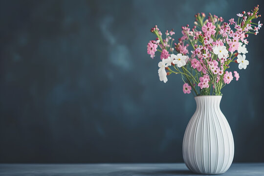 Vase with flowers on background space for text.