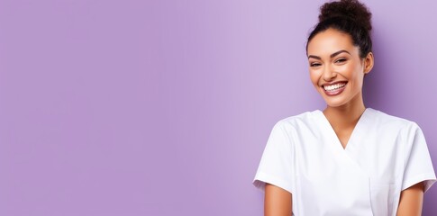 Young nurse wear white uniform smiling on purple solid backgrounds with copy space for text. Medical care model background concept.