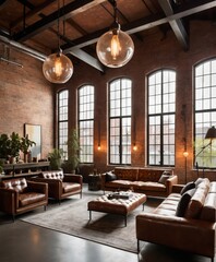 Front view of an industrial-style loft, exposed brick wall  Soft evening light casts dramatic shadows