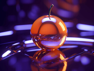 A Purple Orange, A Shiny Orange Apple On A Reflective Surface