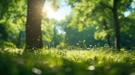 Wild grass foliage and blurred green trees with sunbeams light bokeh background. Natural serene sunny spring background concept.