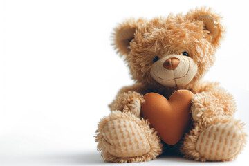 A fluffy teddy bear holding a heart, symbolizing love or a Valentine's Day concept, isolated on a white background