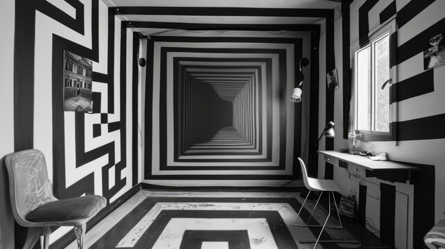 Modern black and white interior. Super extravagant room design with optical illusion elements