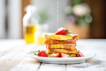 stacked french toast with butter and fresh strawberries