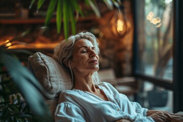 Obraz premium A woman sits meditating at home. The concept of healing, relaxation, rejuvenation and restoration of the body. 