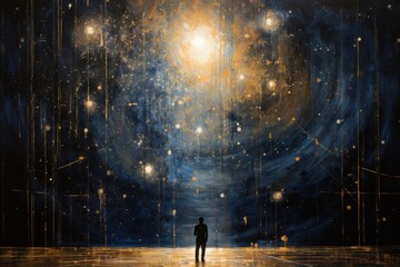  a painting of a man standing in the middle of a dark room with stars in the sky and a light at the end of the room. - obrazy, fototapety, plakaty