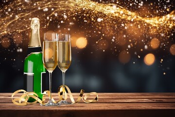 champagne bottle and glasses with golden ribbons