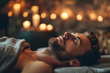 A bearded man relaxes at home against the background of candles. The concept of healing, relaxation, rejuvenation and restoration of the body.  
 - obrazy, fototapety, plakaty