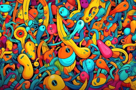  a painting of many different colored objects in the shape of a bunch of fish on a black background with a white border.