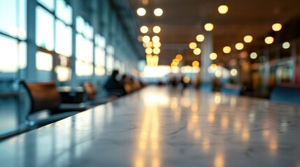 Fototapeta premium empty table white top with blur background of air port, Advertisement, Print media, Illustration, Banner, for website, copy space, for word, template, presentation