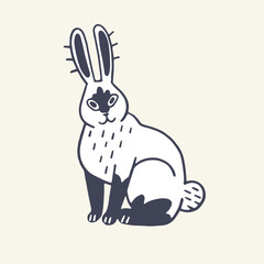 Cute woodland animal, forest beast outline. Fluffy bunny with long ears, wild hare sitting. Funny coney smiles. Wood rabbit contour sketch in kid style. Flat handdrawn isolated vector illustration