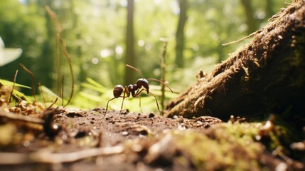  a couple of ant ants standing on top of a dirt ground in front of a forest filled with trees.