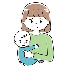 赤ちゃんを抱っこする不安な表情の女性のイラスト
