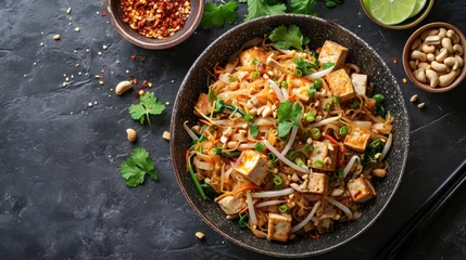 Foto op Canvas Stir-fried rice noodles with tofu, bean sprouts. Generative Ai. © Planum