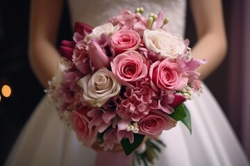 a close up of a bride holding a bouquet of pink and white flowers in front of a candle lit room.
