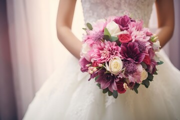  a bride in a wedding dress holding a bouquet of pink and white flowers in her hand, in front of a window.