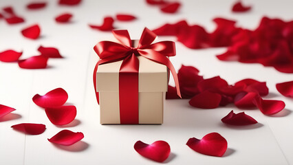 Beige box with red ribbons ,petals,  Valentine`s gift on white background, flat lay, closeup