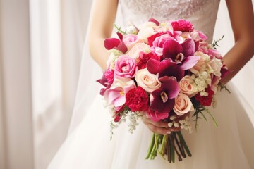  a woman in a wedding dress holding a bouquet of pink and white flowers and greenery on her wedding day.