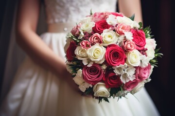  a close up of a bride holding a bouquet of red, white, and pink flowers in front of her face.