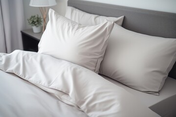  a close up of a bed with white pillows and a gray headboard with a lamp on top of it.