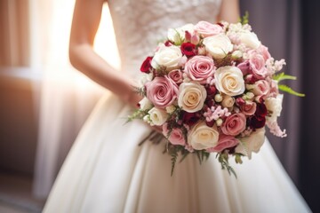  a woman in a wedding dress holding a bridal bouquet of pink, white and red roses and greenery.