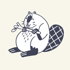Cute woodland animal, wild rodent outline. Furry beaver with funny tail eating, gnaw branch. Forest beast with big teeth for nibbling contour sketch. Flat hand drawn isolated vector illustration