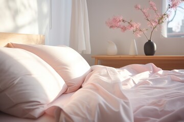  a bed with a pink comforter and a vase of pink flowers on a nightstand with a window in the background.